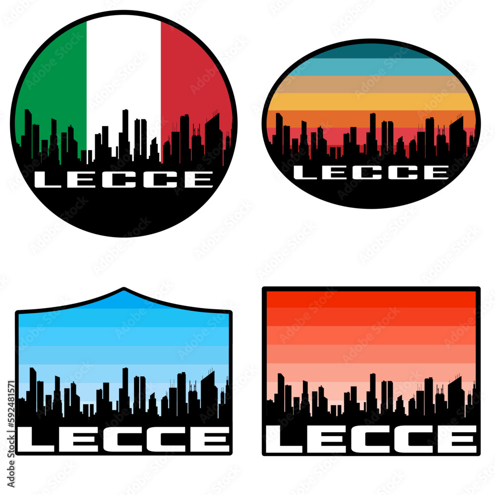 Lecce Skyline Silhouette Italy Flag Travel Souvenir Sticker Sunset Background Vector Illustration SVG EPS AI