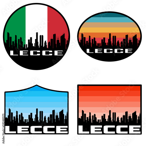 Lecce Skyline Silhouette Italy Flag Travel Souvenir Sticker Sunset Background Vector Illustration SVG EPS AI
