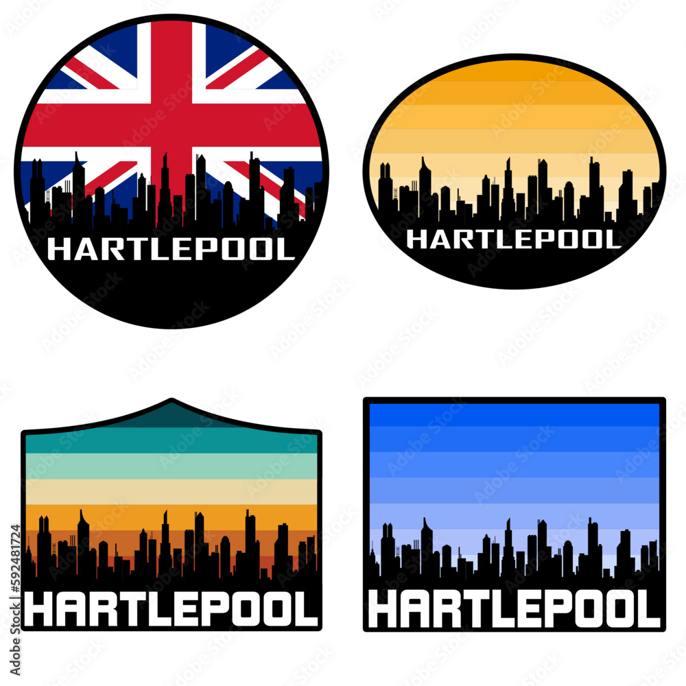 Hartlepool Skyline Silhouette Uk Flag Travel Souvenir Sticker Sunset Background Vector Illustration SVG EPS AI