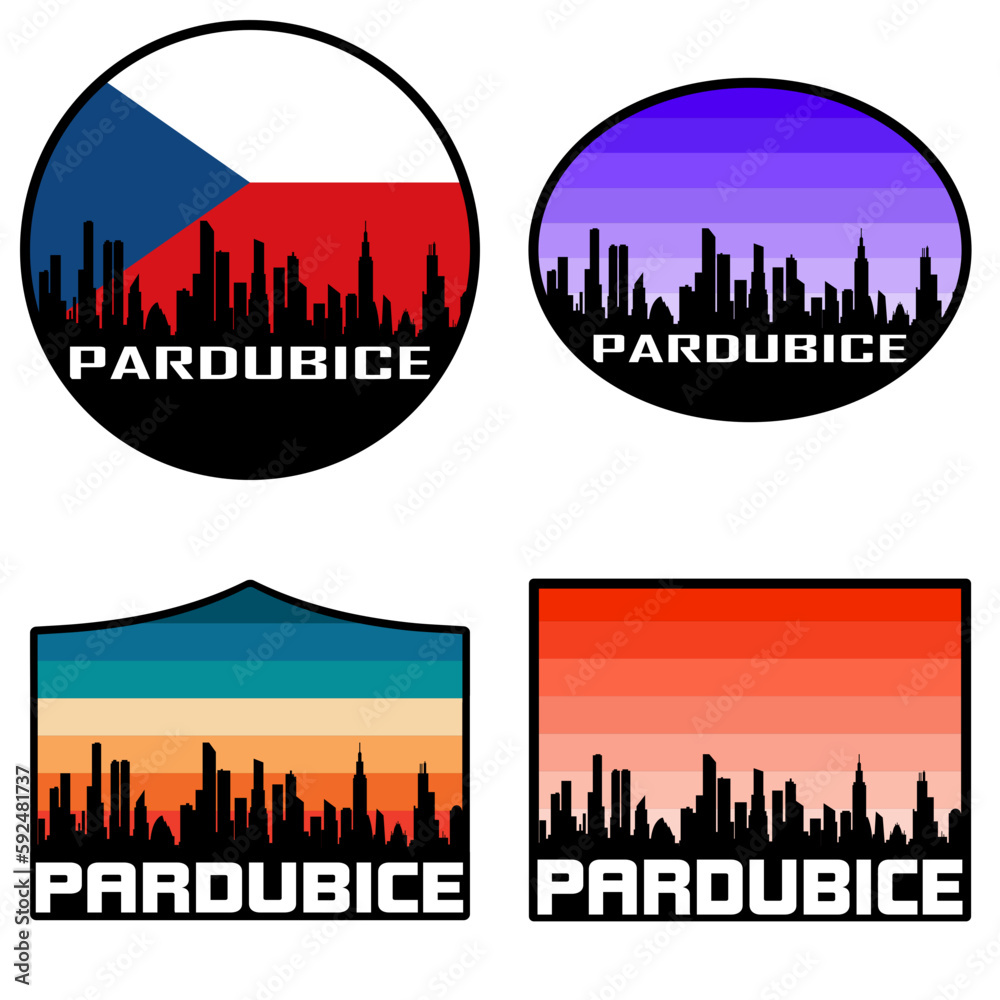 Pardubice Skyline Silhouette Czech Flag Travel Souvenir Sticker Sunset Background Vector Illustration SVG EPS AI