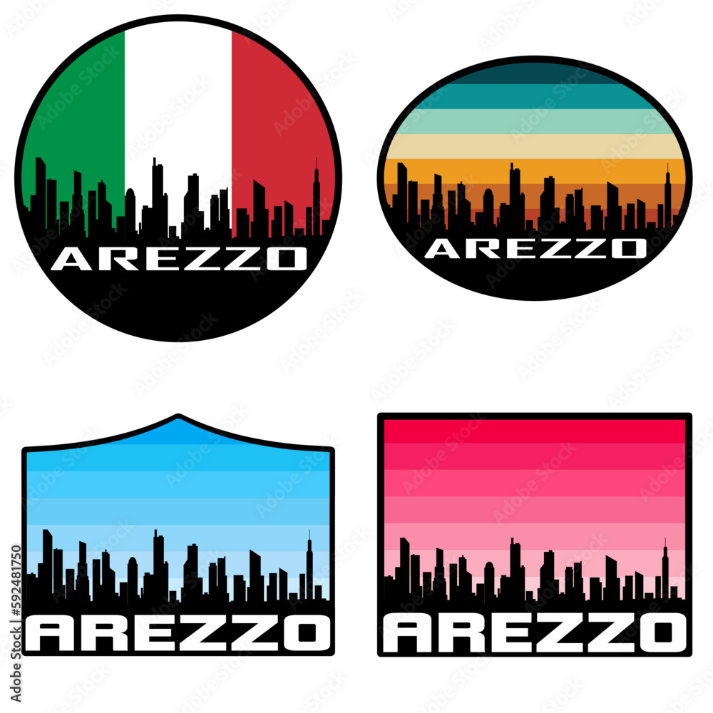 Arezzo Skyline Silhouette Italy Flag Travel Souvenir Sticker Sunset Background Vector Illustration SVG EPS AI