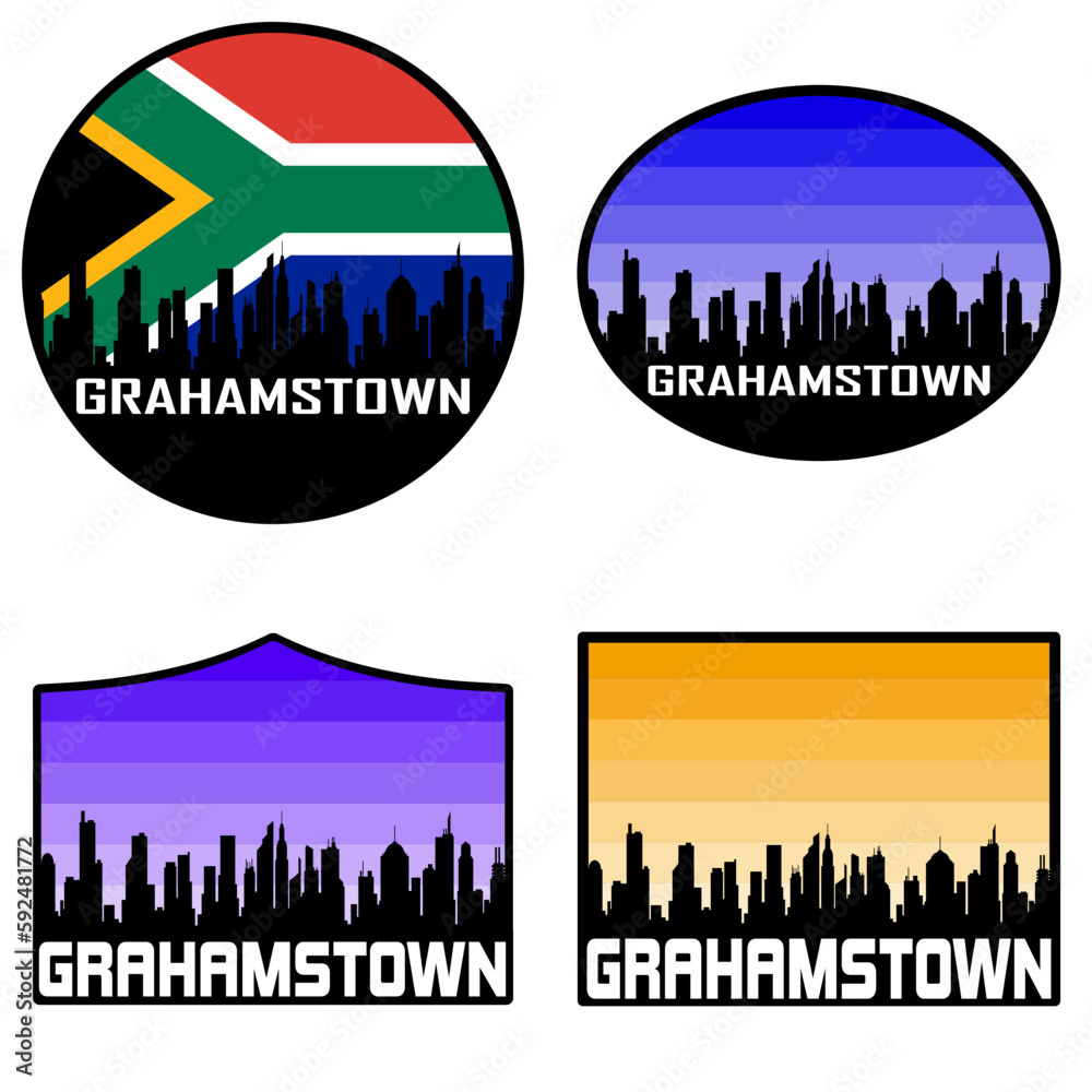 Grahamstown Skyline Silhouette South Africa Flag Travel Souvenir Sticker Sunset Background Vector Illustration SVG EPS AI