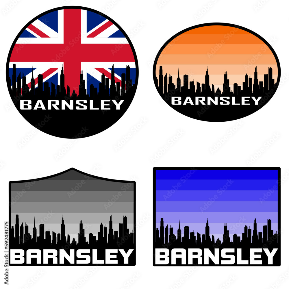 Barnsley Skyline Silhouette Uk Flag Travel Souvenir Sticker Sunset Background Vector Illustration SVG EPS AI