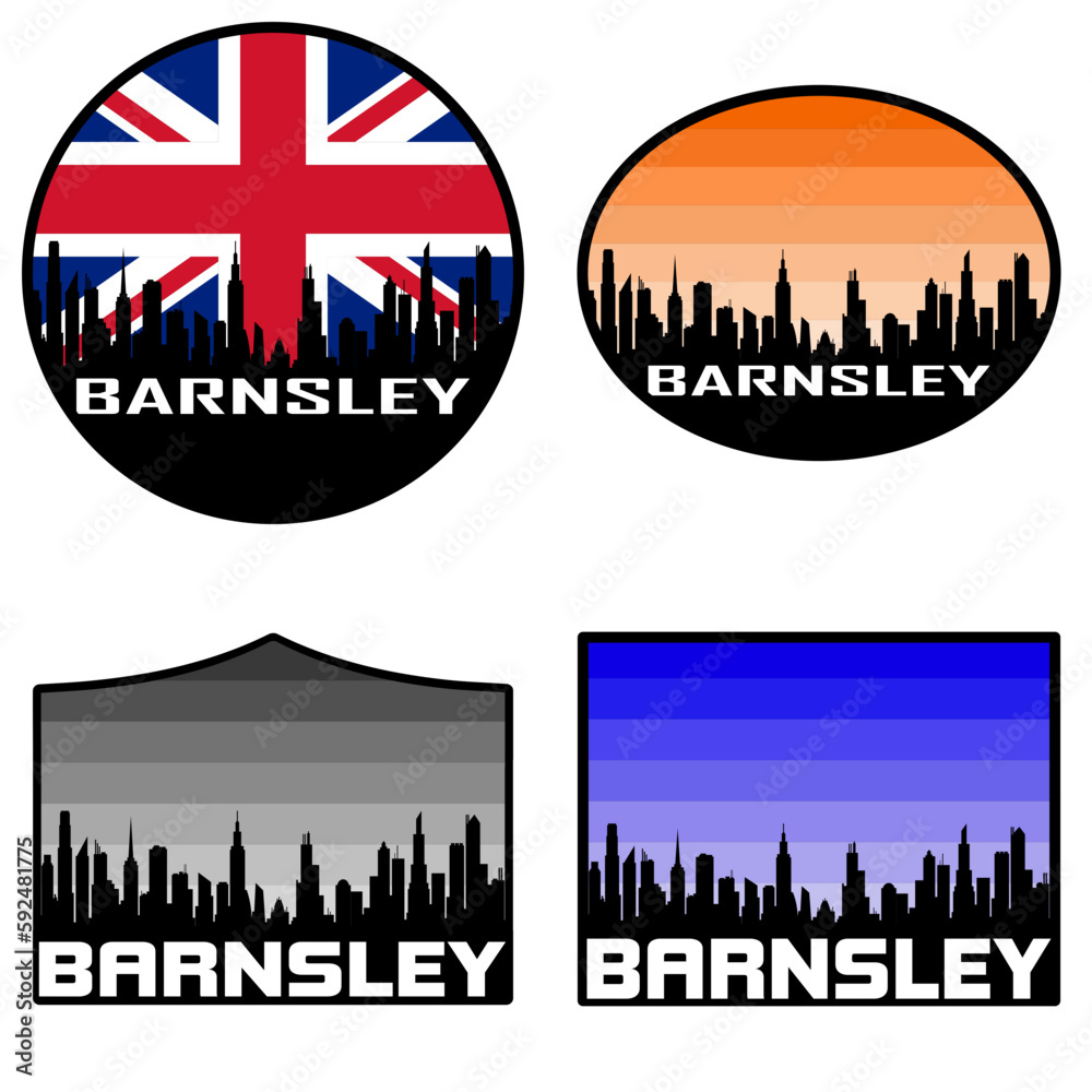 Obraz premium Barnsley Skyline Silhouette Uk Flag Travel Souvenir Sticker Sunset Background Vector Illustration SVG EPS AI