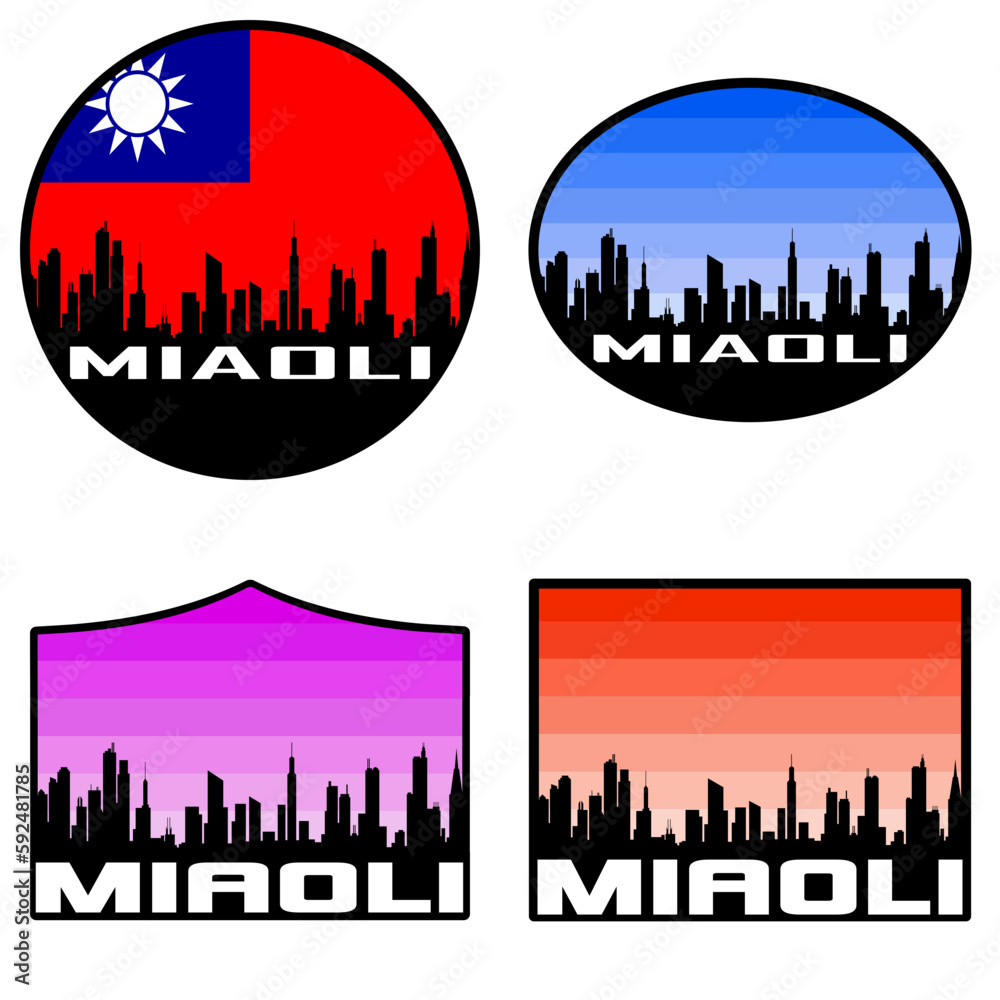Miaoli Skyline Silhouette Taiwan Flag Travel Souvenir Sticker Sunset Background Vector Illustration SVG EPS AI