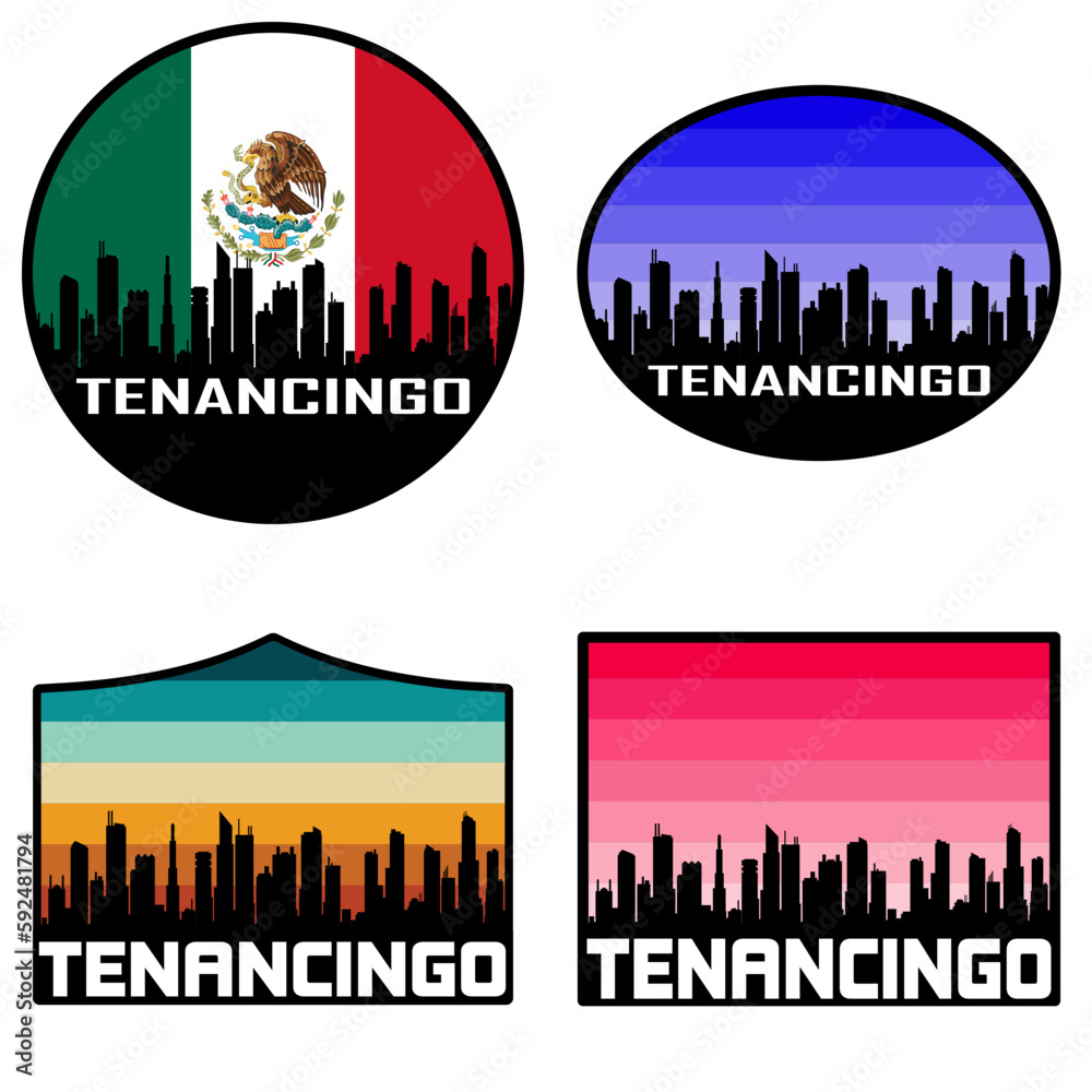 Tenancingo Skyline Silhouette Mexico Flag Travel Souvenir Sticker Sunset Background Vector Illustration SVG EPS AI