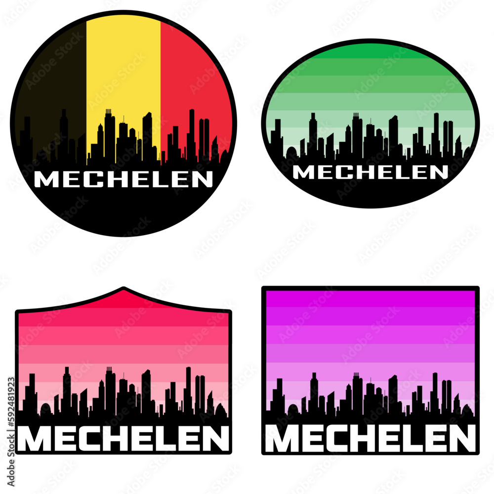 Mechelen Skyline Silhouette Belgium Flag Travel Souvenir Sticker Sunset Background Vector Illustration SVG EPS AI