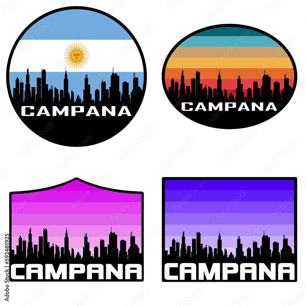 Campana Skyline Silhouette Argentina Flag Travel Souvenir Sticker Sunset Background Vector Illustration SVG EPS AI