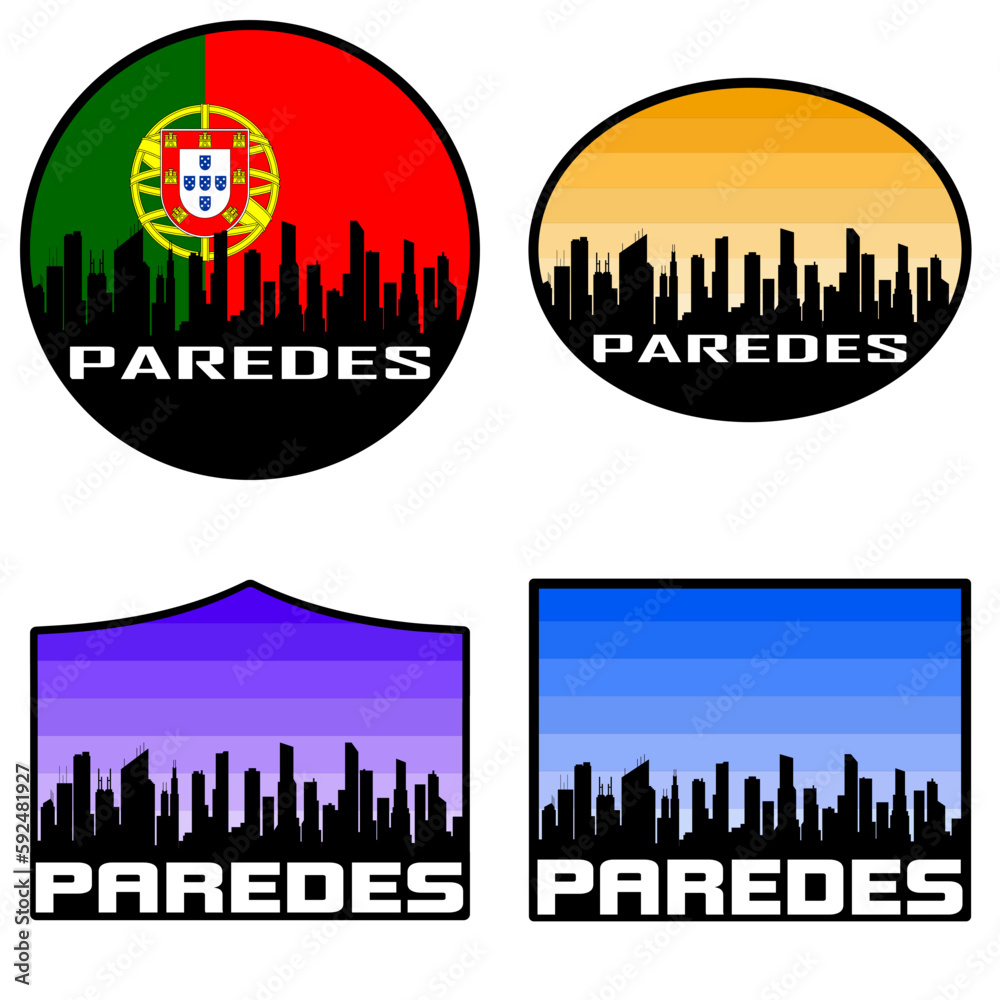 Paredes Skyline Silhouette Portugal Flag Travel Souvenir Sticker Sunset Background Vector Illustration SVG EPS AI