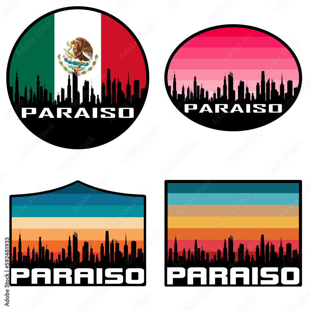 Paraiso Skyline Silhouette Mexico Flag Travel Souvenir Sticker Sunset Background Vector Illustration SVG EPS AI