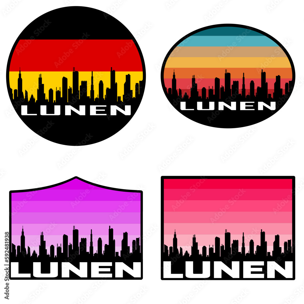 Lunen Skyline Silhouette Germany Flag Travel Souvenir Sticker Sunset Background Vector Illustration SVG EPS AI