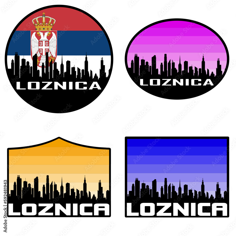 Loznica Skyline Silhouette Serbia Flag Travel Souvenir Sticker Sunset Background Vector Illustration SVG EPS AI