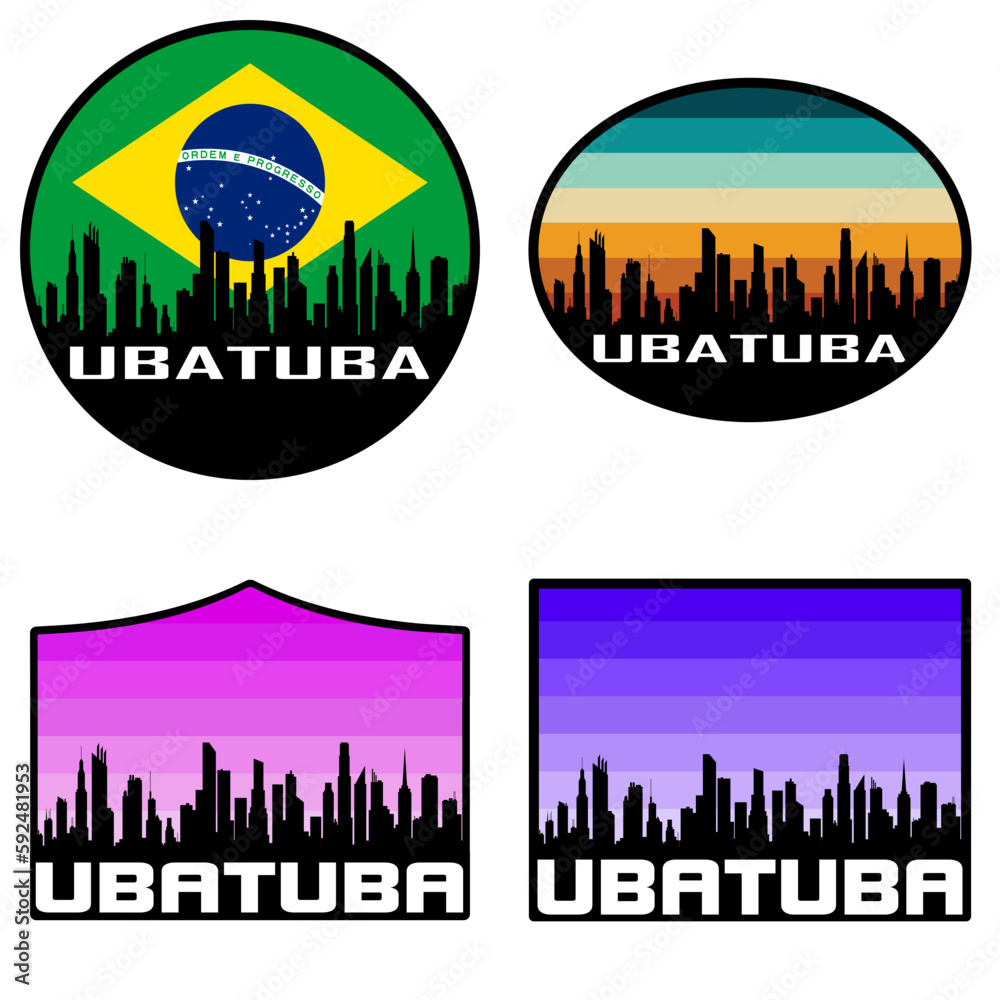 Ubatuba Skyline Silhouette Brazil Flag Travel Souvenir Sticker Sunset Background Vector Illustration SVG EPS AI