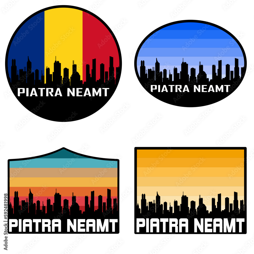 Piatra Neamt Skyline Silhouette Romania Flag Travel Souvenir Sticker Sunset Background Vector Illustration SVG EPS AI