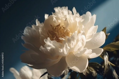 Delicate beige peony flower with sunlight shadows on neutral blue background. Generative AI