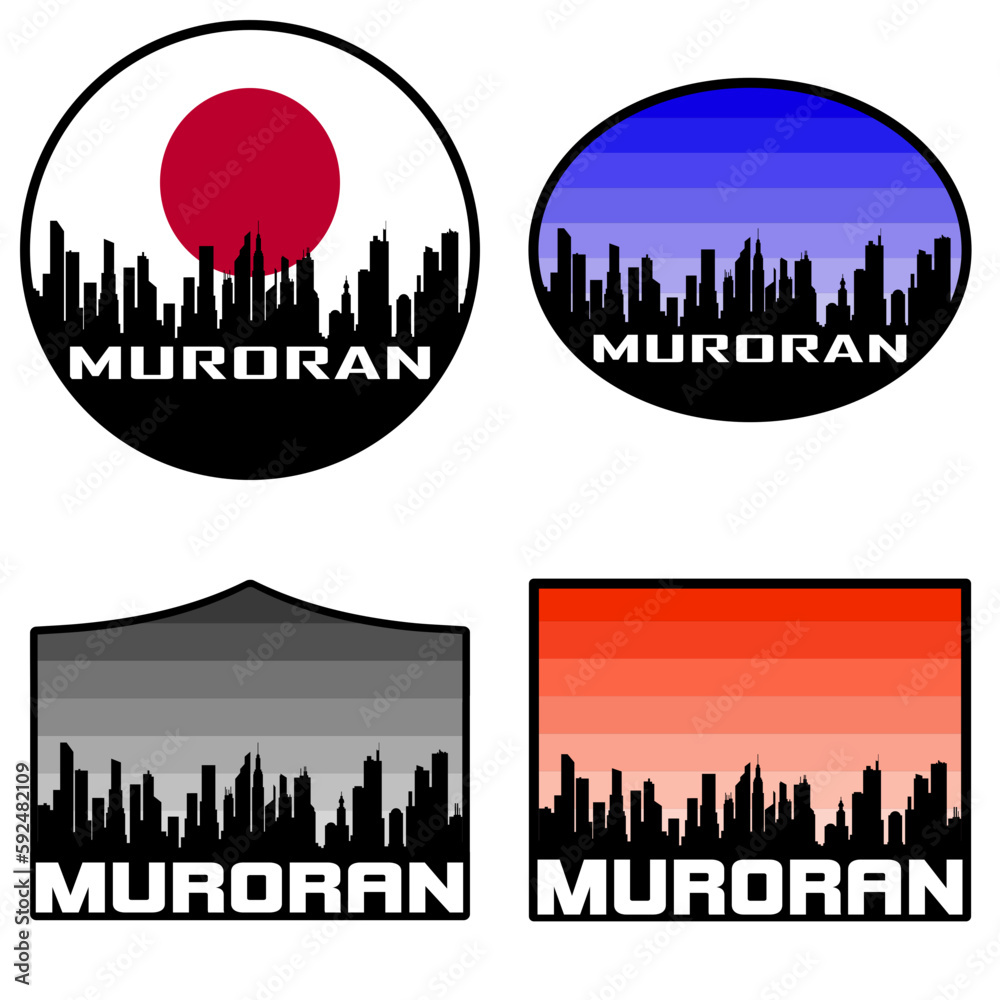 Muroran Skyline Silhouette Japan Flag Travel Souvenir Sticker Sunset Background Vector Illustration SVG EPS AI