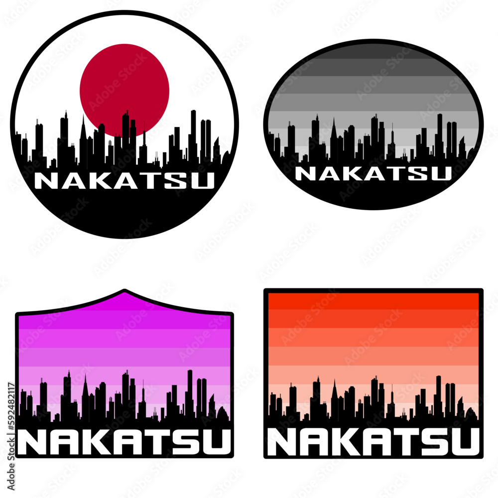 Nakatsu Skyline Silhouette Japan Flag Travel Souvenir Sticker Sunset Background Vector Illustration SVG EPS AI