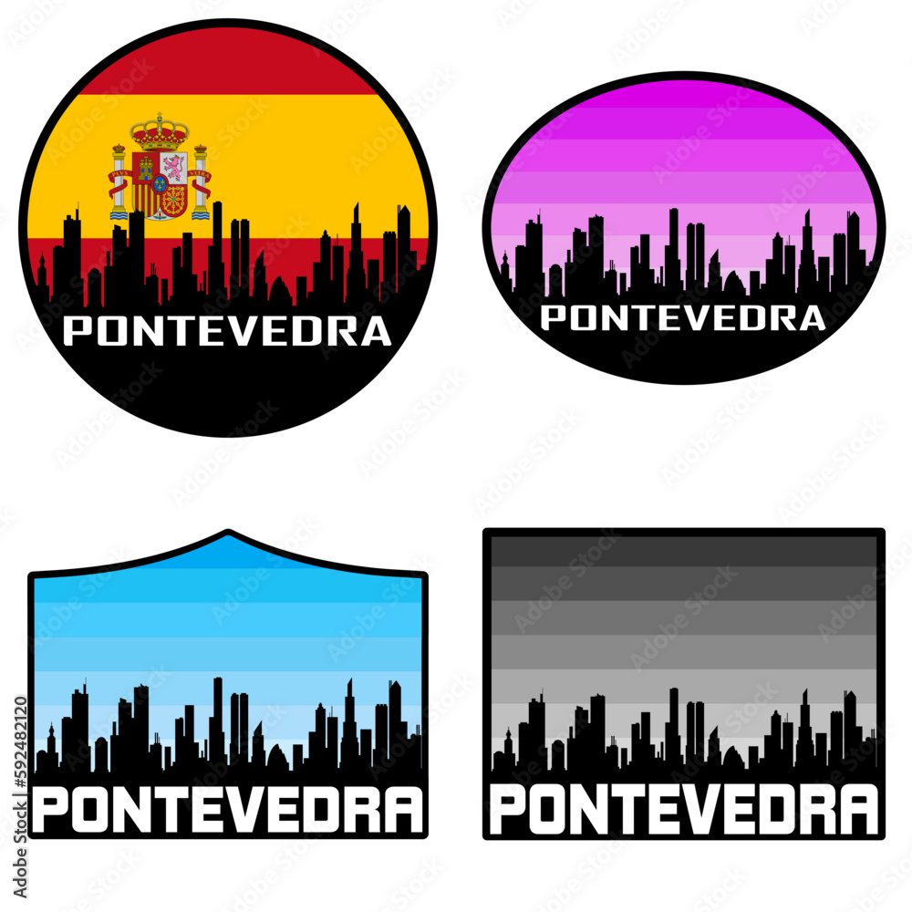 Obraz premium Pontevedra Skyline Silhouette Spain Flag Travel Souvenir Sticker Sunset Background Vector Illustration SVG EPS AI