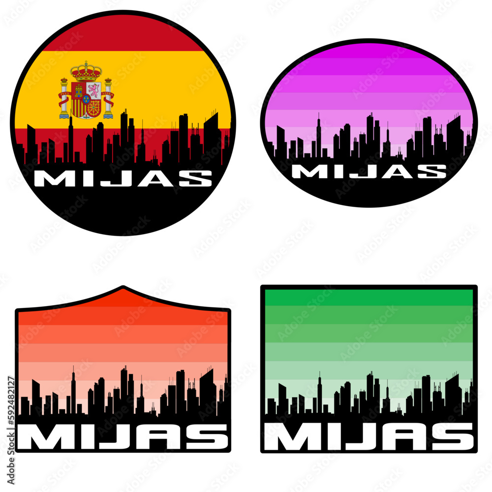 Mijas Skyline Silhouette Spain Flag Travel Souvenir Sticker Sunset Background Vector Illustration SVG EPS AI