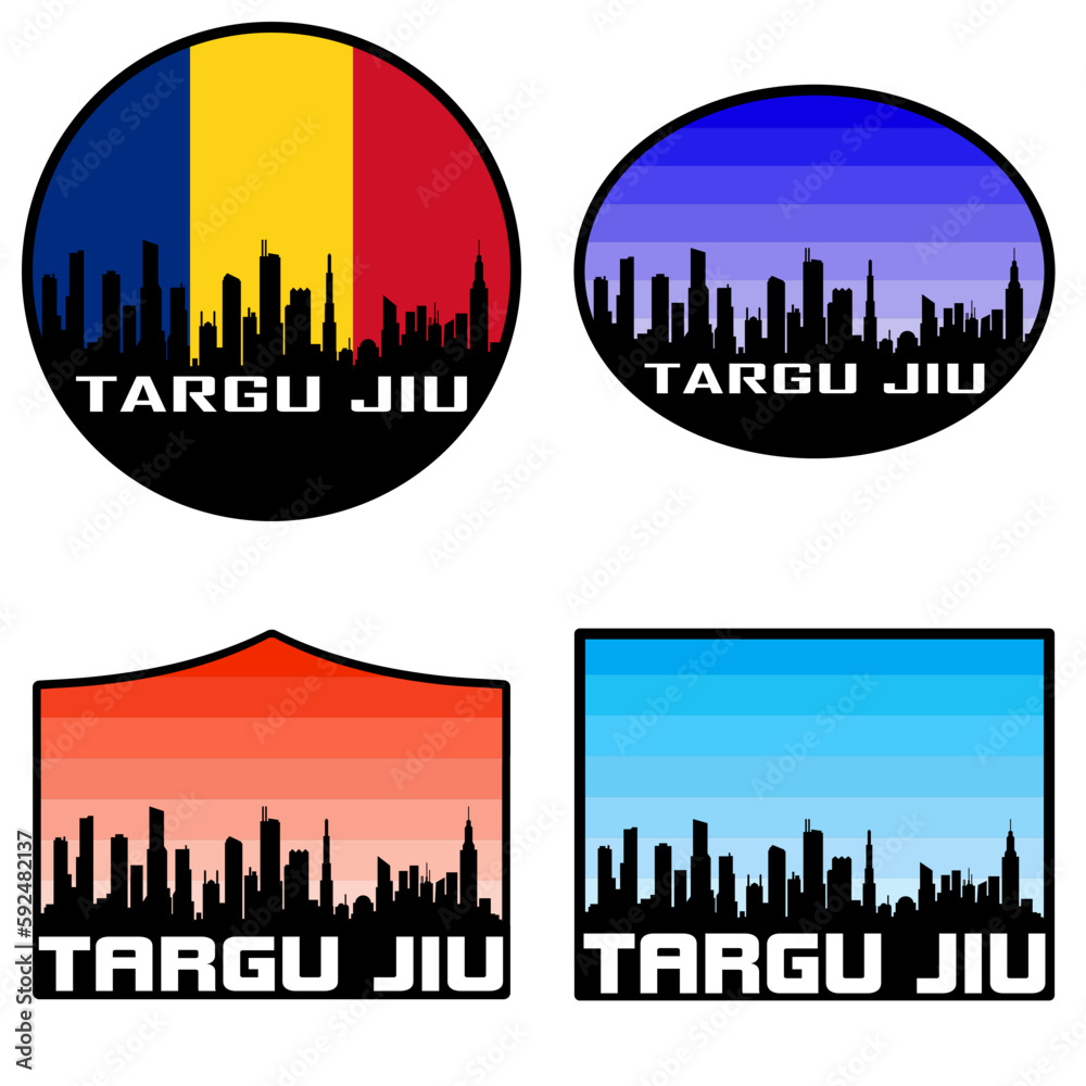 Targu Jiu Skyline Silhouette Romania Flag Travel Souvenir Sticker Sunset Background Vector Illustration SVG EPS AI