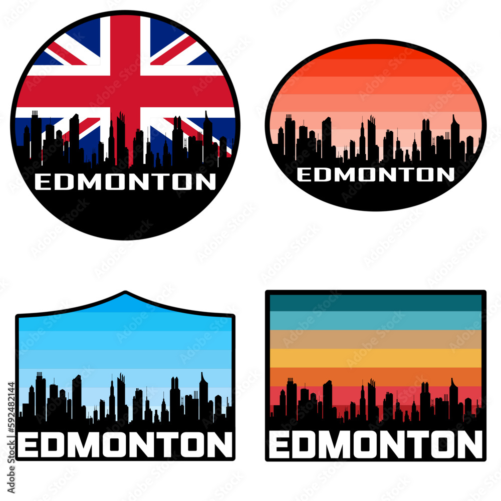 Edmonton Skyline Silhouette Uk Flag Travel Souvenir Sticker Sunset Background Vector Illustration SVG EPS AI