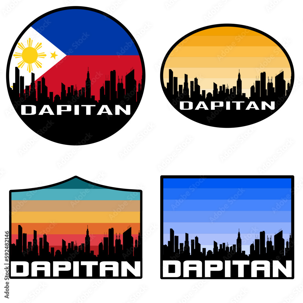Dapitan Skyline Silhouette Philippines Flag Travel Souvenir Sticker Sunset Background Vector Illustration SVG EPS AI