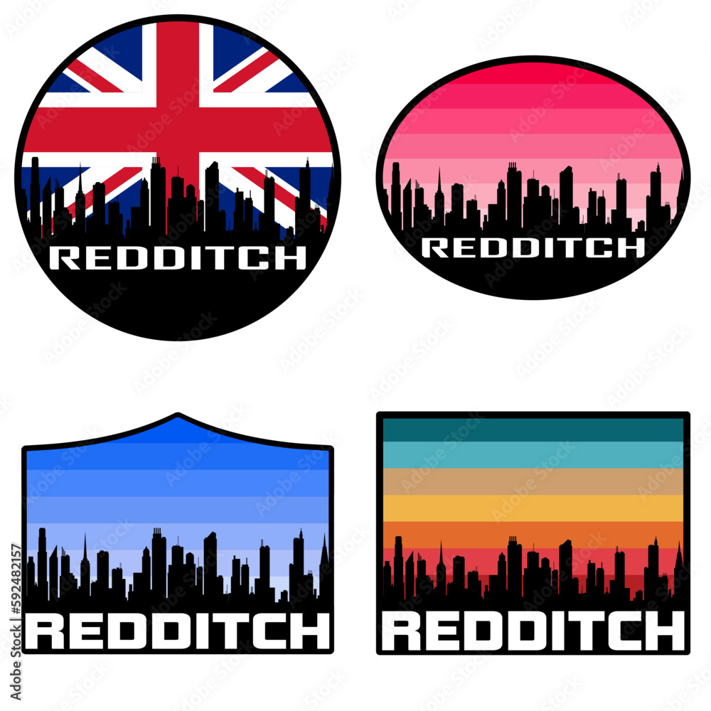 Redditch Skyline Silhouette Uk Flag Travel Souvenir Sticker Sunset Background Vector Illustration SVG EPS AI