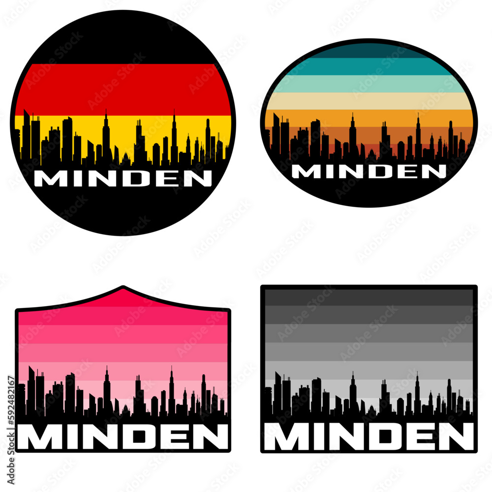 Minden Skyline Silhouette Germany Flag Travel Souvenir Sticker Sunset Background Vector Illustration SVG EPS AI