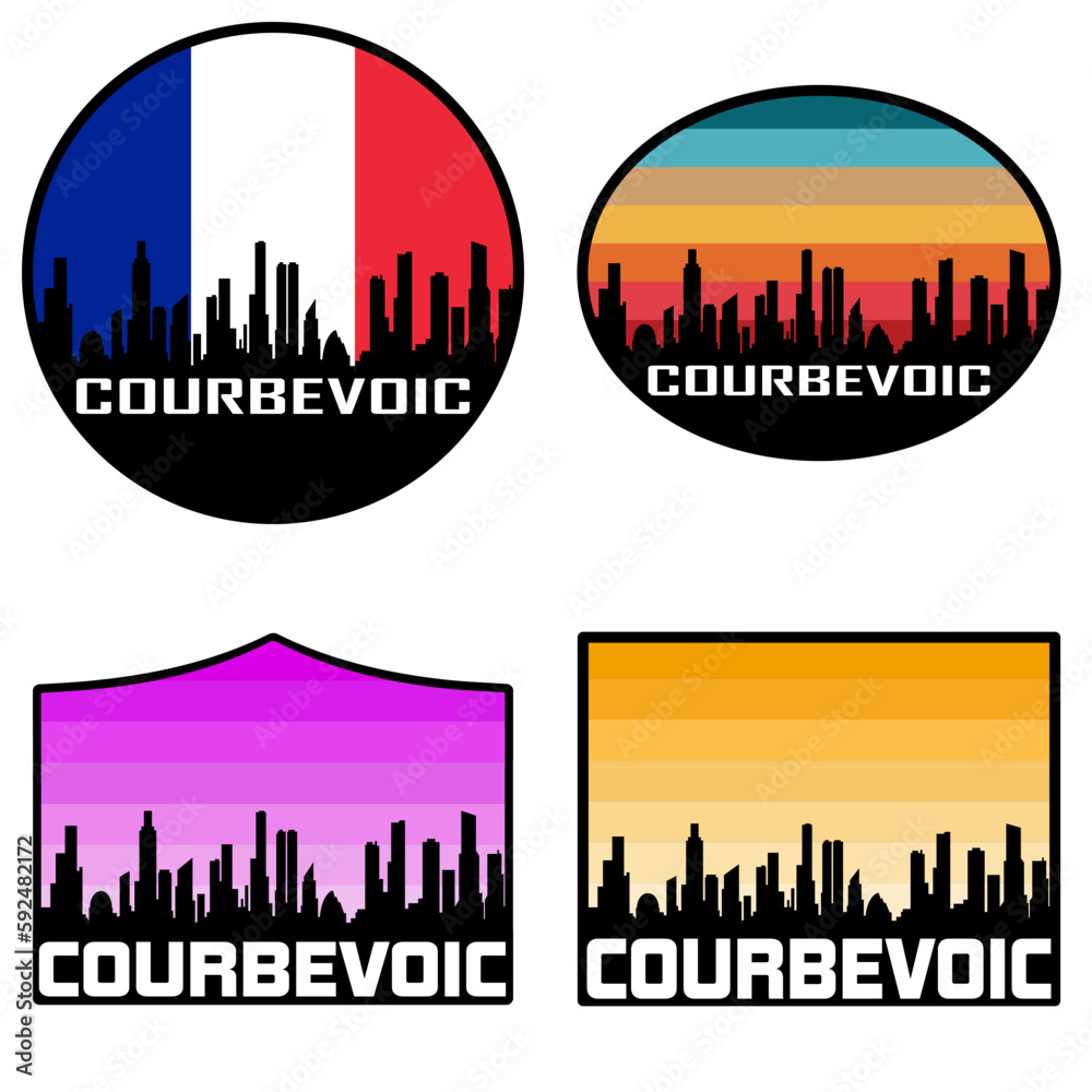 Courbevoic Skyline Silhouette France Flag Travel Souvenir Sticker Sunset Background Vector Illustration SVG EPS AI