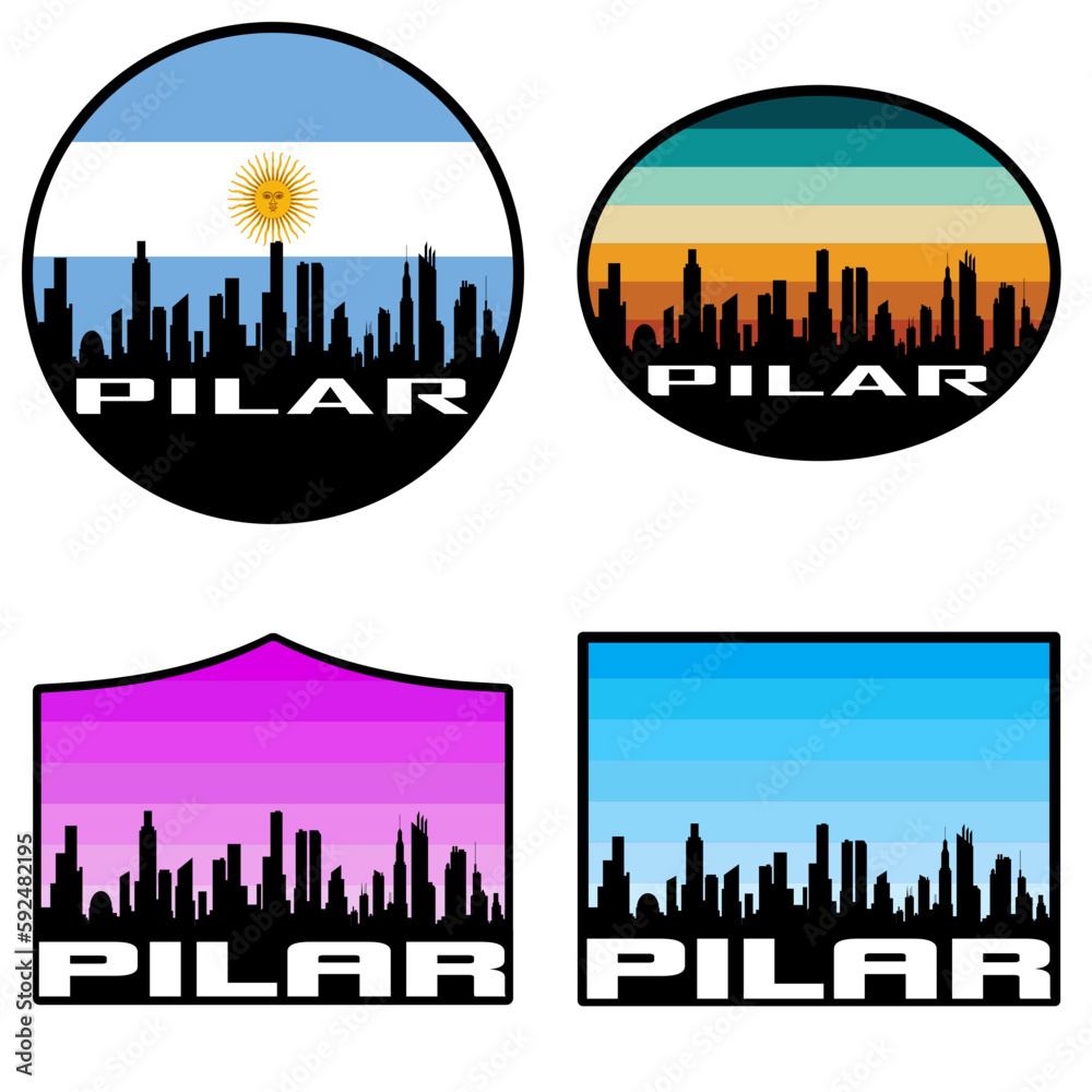 Pilar Skyline Silhouette Argentina Flag Travel Souvenir Sticker Sunset Background Vector Illustration SVG EPS AI
