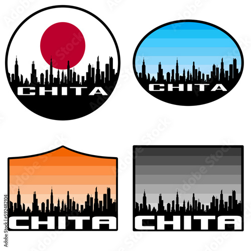Chita Skyline Silhouette Japan Flag Travel Souvenir Sticker Sunset Background Vector Illustration SVG EPS AI