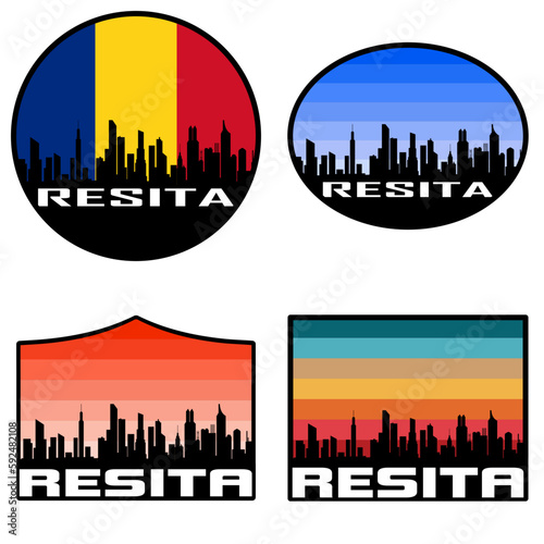 Resita Skyline Silhouette Romania Flag Travel Souvenir Sticker Sunset Background Vector Illustration SVG EPS AI