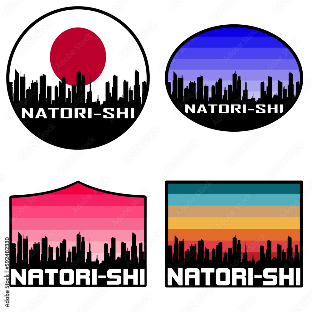 Natori shi Skyline Silhouette Japan Flag Travel Souvenir Sticker Sunset Background Vector Illustration SVG EPS AI
