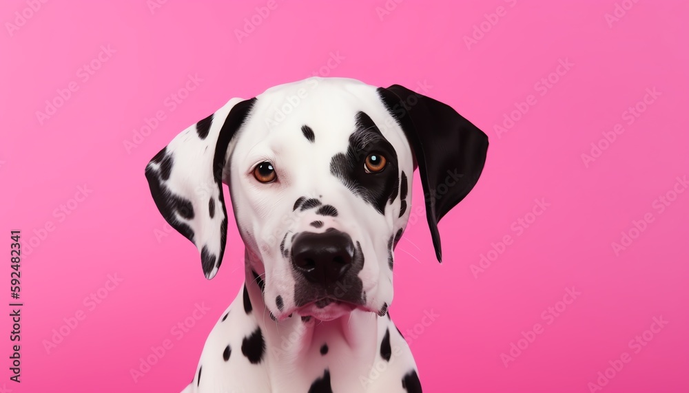 close up of a dalmatian puppy, pink background