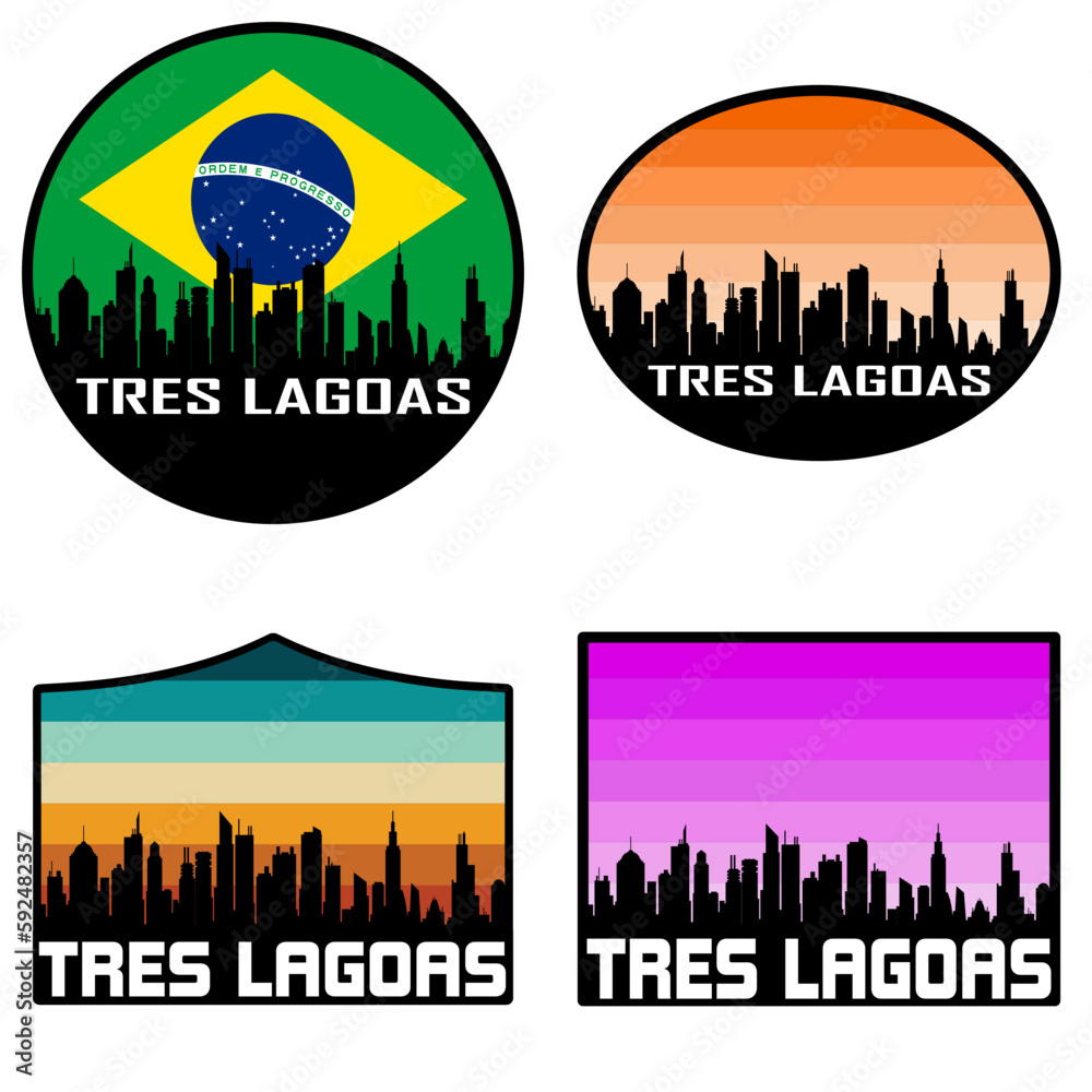 Tres Lagoas Skyline Silhouette Brazil Flag Travel Souvenir Sticker Sunset Background Vector Illustration SVG EPS AI