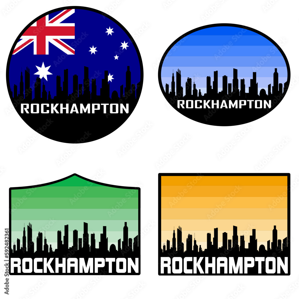 Rockhampton Skyline Silhouette Australia Flag Travel Souvenir Sticker Sunset Background Vector Illustration SVG EPS AI