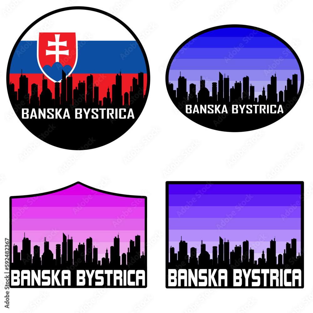 Banska Bystrica Skyline Silhouette Slovakia Flag Travel Souvenir Sticker Sunset Background Vector Illustration SVG EPS AI