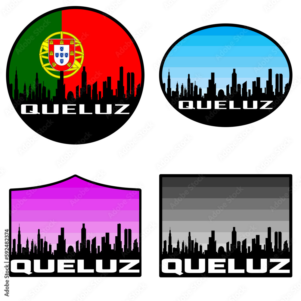 Queluz Skyline Silhouette Portugal Flag Travel Souvenir Sticker Sunset Background Vector Illustration SVG EPS AI