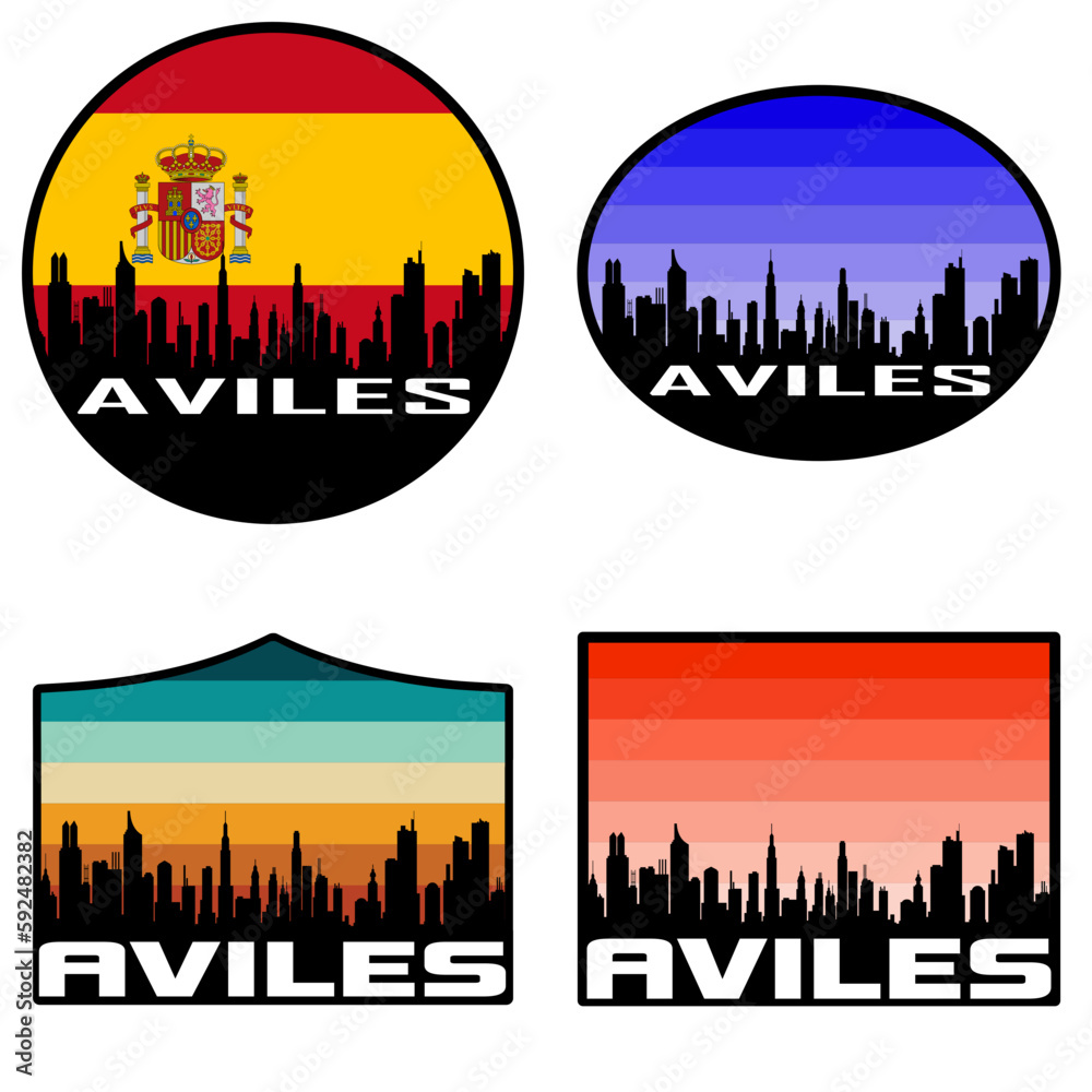 Aviles Skyline Silhouette Spain Flag Travel Souvenir Sticker Sunset Background Vector Illustration SVG EPS AI