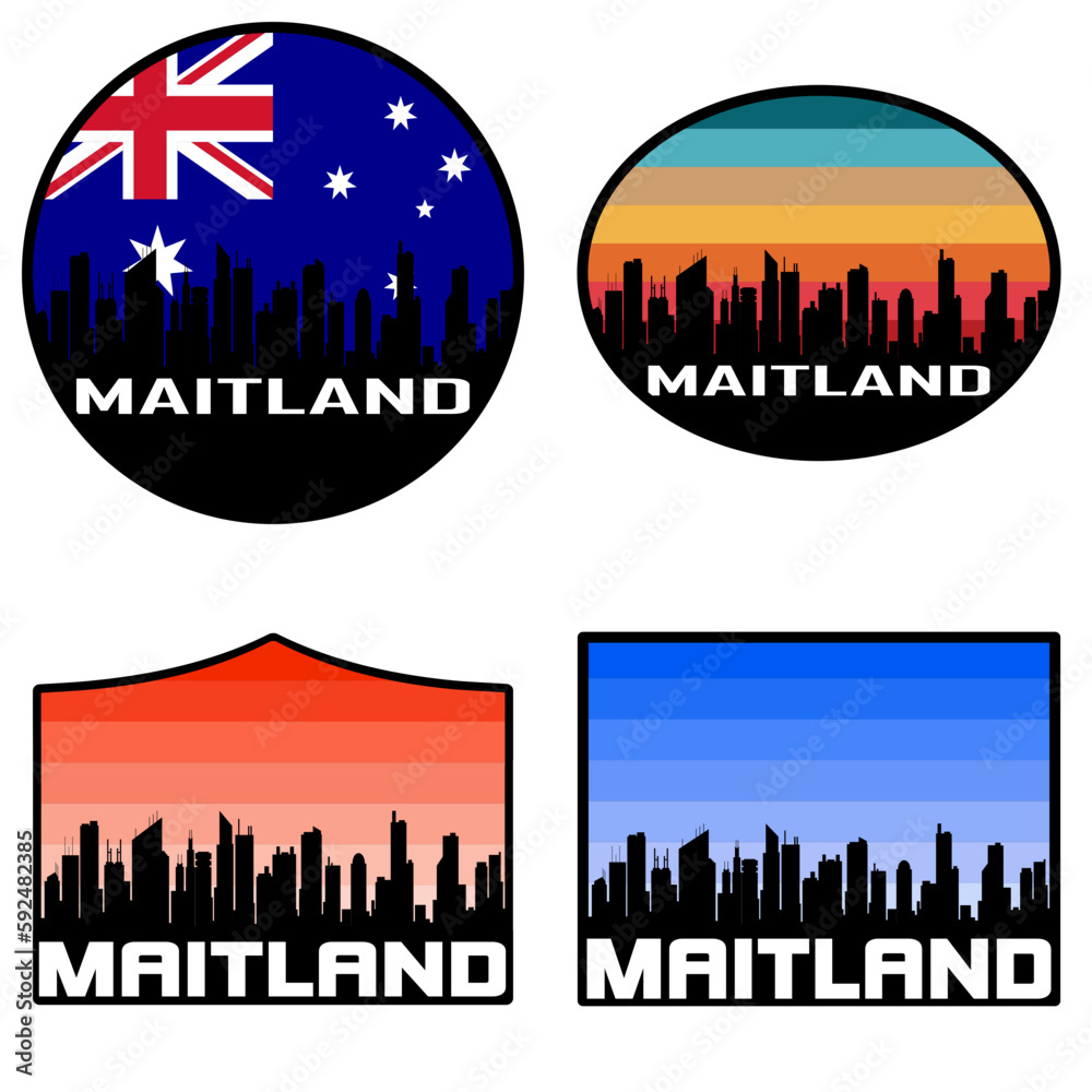 Maitland Skyline Silhouette Australia Flag Travel Souvenir Sticker Sunset Background Vector Illustration SVG EPS AI