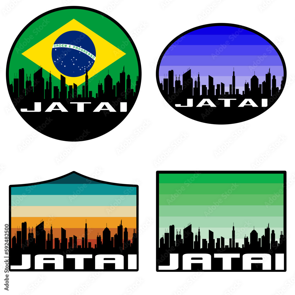 Jatai Skyline Silhouette Brazil Flag Travel Souvenir Sticker Sunset Background Vector Illustration SVG EPS AI