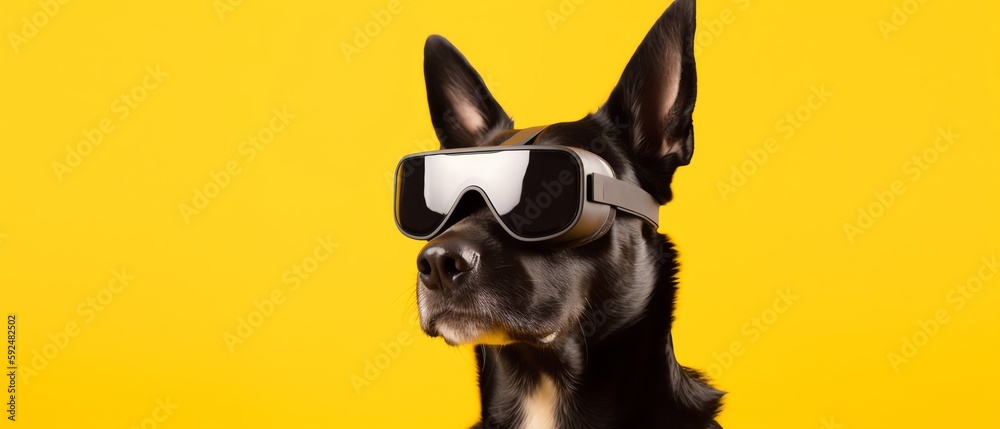 portrait of a dog in vr glasses on yellow background banner