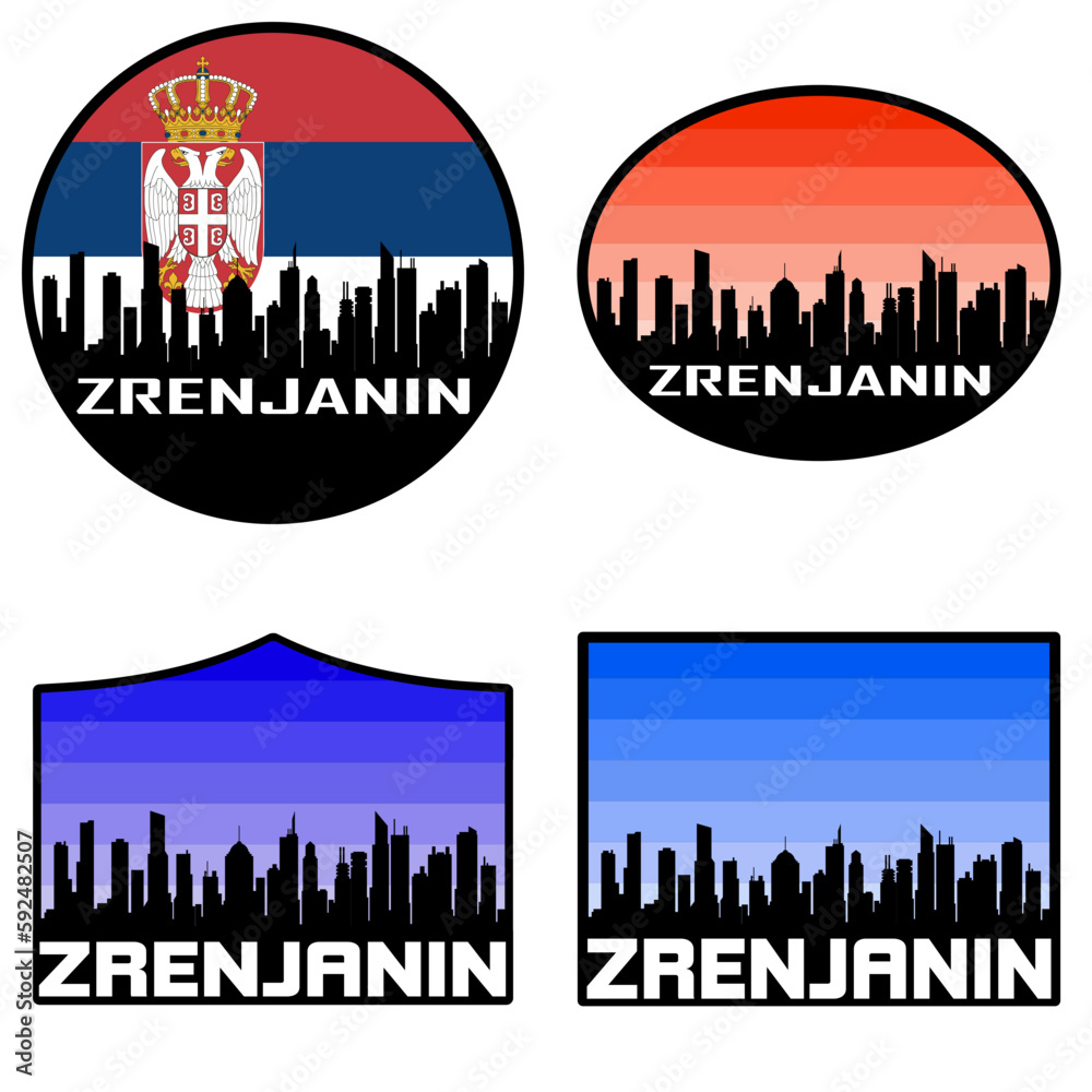 Zrenjanin Skyline Silhouette Serbia Flag Travel Souvenir Sticker Sunset Background Vector Illustration SVG EPS AI