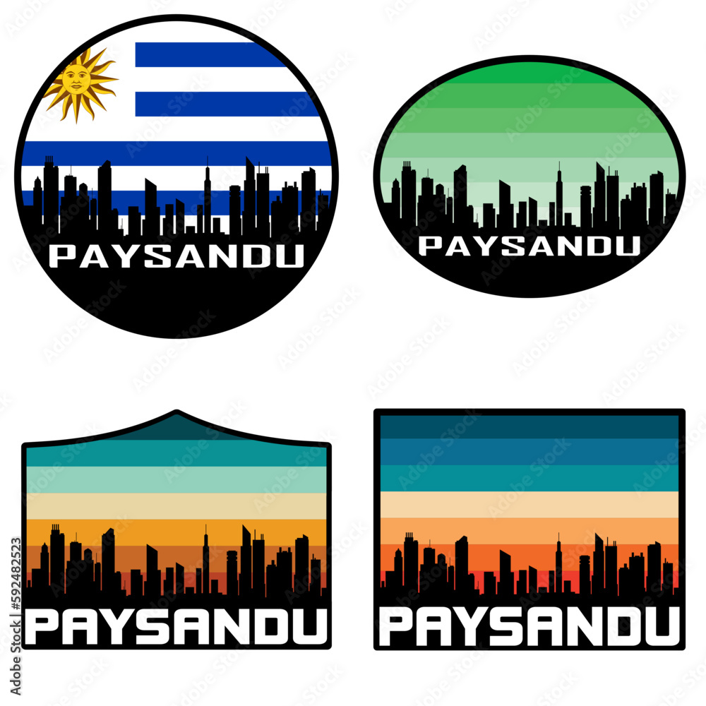 Paysandu Skyline Silhouette Uruguay Flag Travel Souvenir Sticker Sunset Background Vector Illustration SVG EPS AI