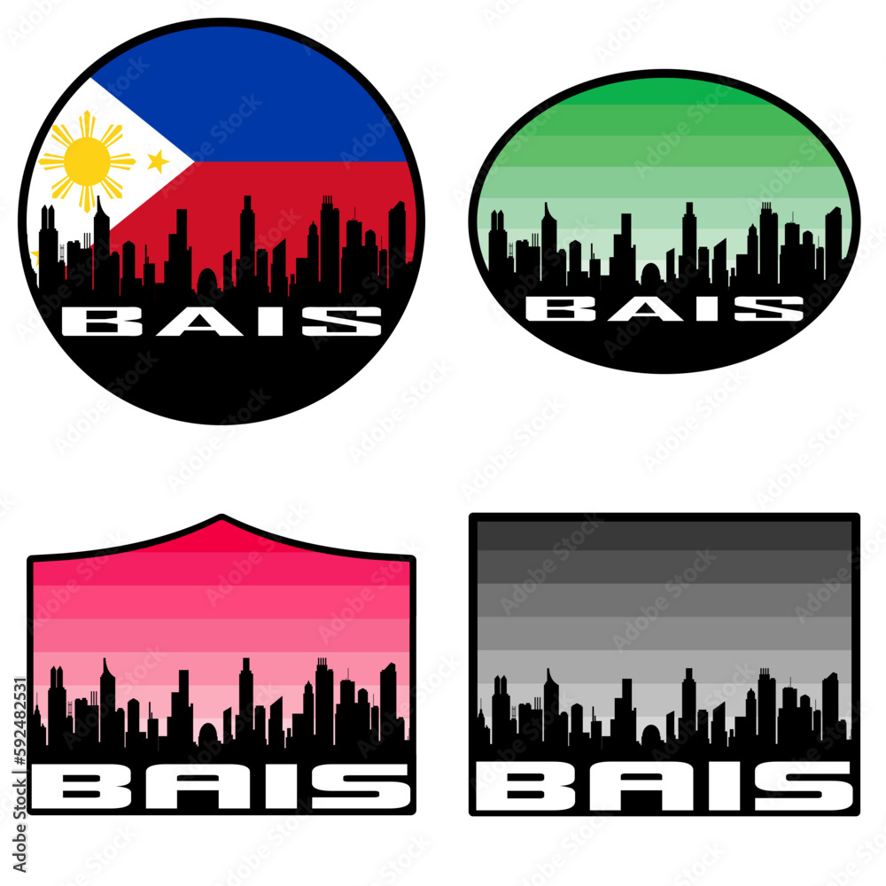 Bais Skyline Silhouette Philippines Flag Travel Souvenir Sticker Sunset Background Vector Illustration SVG EPS AI