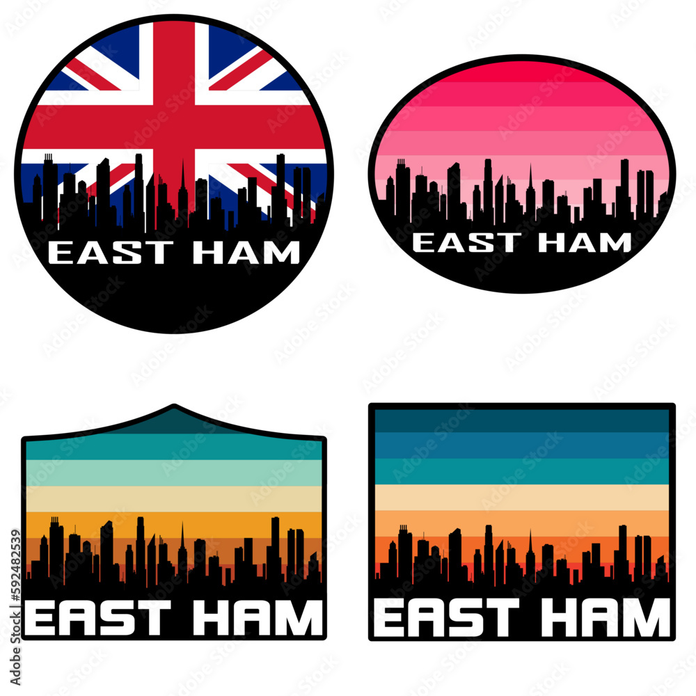 East Ham Skyline Silhouette Uk Flag Travel Souvenir Sticker Sunset Background Vector Illustration SVG EPS AI