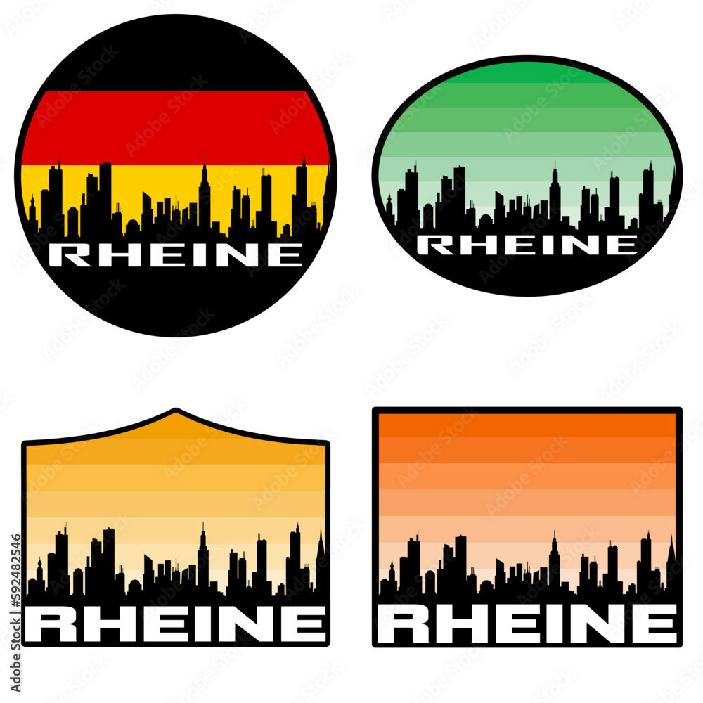 Rheine Skyline Silhouette Germany Flag Travel Souvenir Sticker Sunset Background Vector Illustration SVG EPS AI