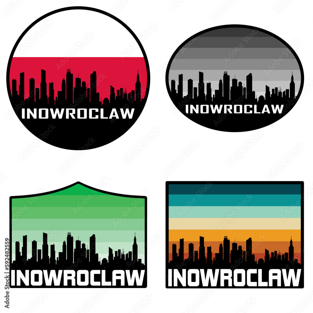 Obraz premium Inowroclaw Skyline Silhouette Poland Flag Travel Souvenir Sticker Sunset Background Vector Illustration SVG EPS AI
