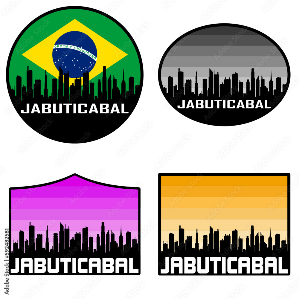 Jabuticabal Skyline Silhouette Brazil Flag Travel Souvenir Sticker Sunset Background Vector Illustration SVG EPS AI