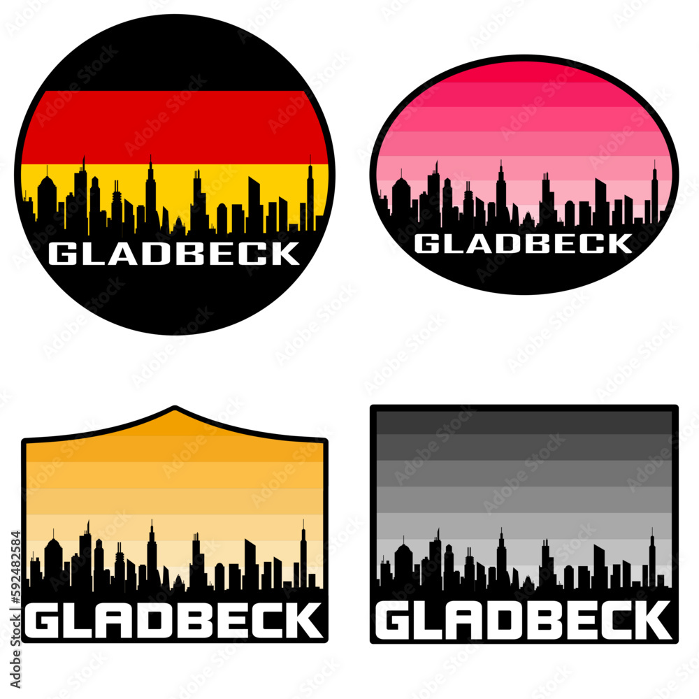 Gladbeck Skyline Silhouette Germany Flag Travel Souvenir Sticker Sunset Background Vector Illustration SVG EPS AI